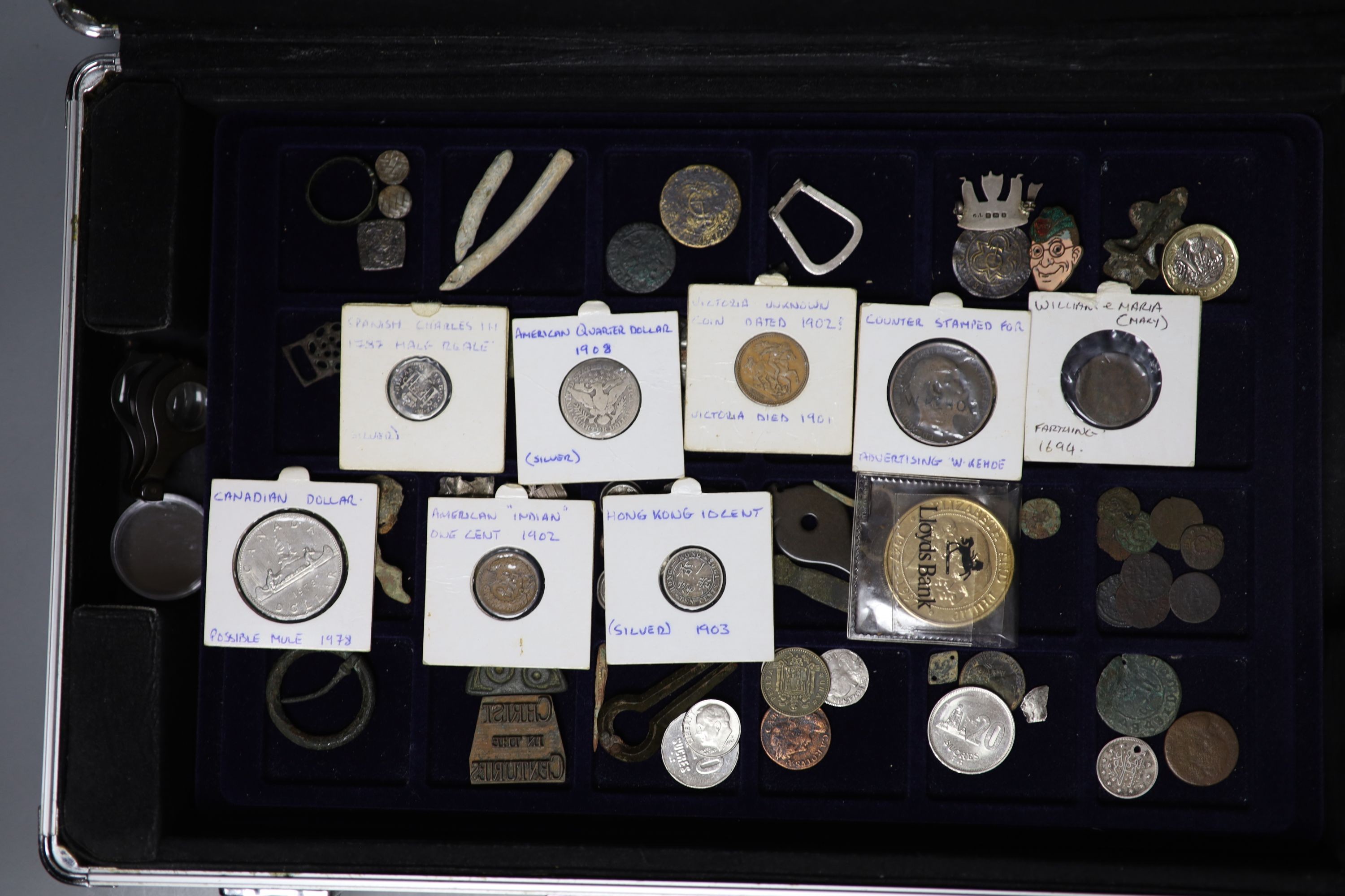 A large collection of silver, bronze and copper coins, metal fragments etc. found in Sussex, 3 trays in a case